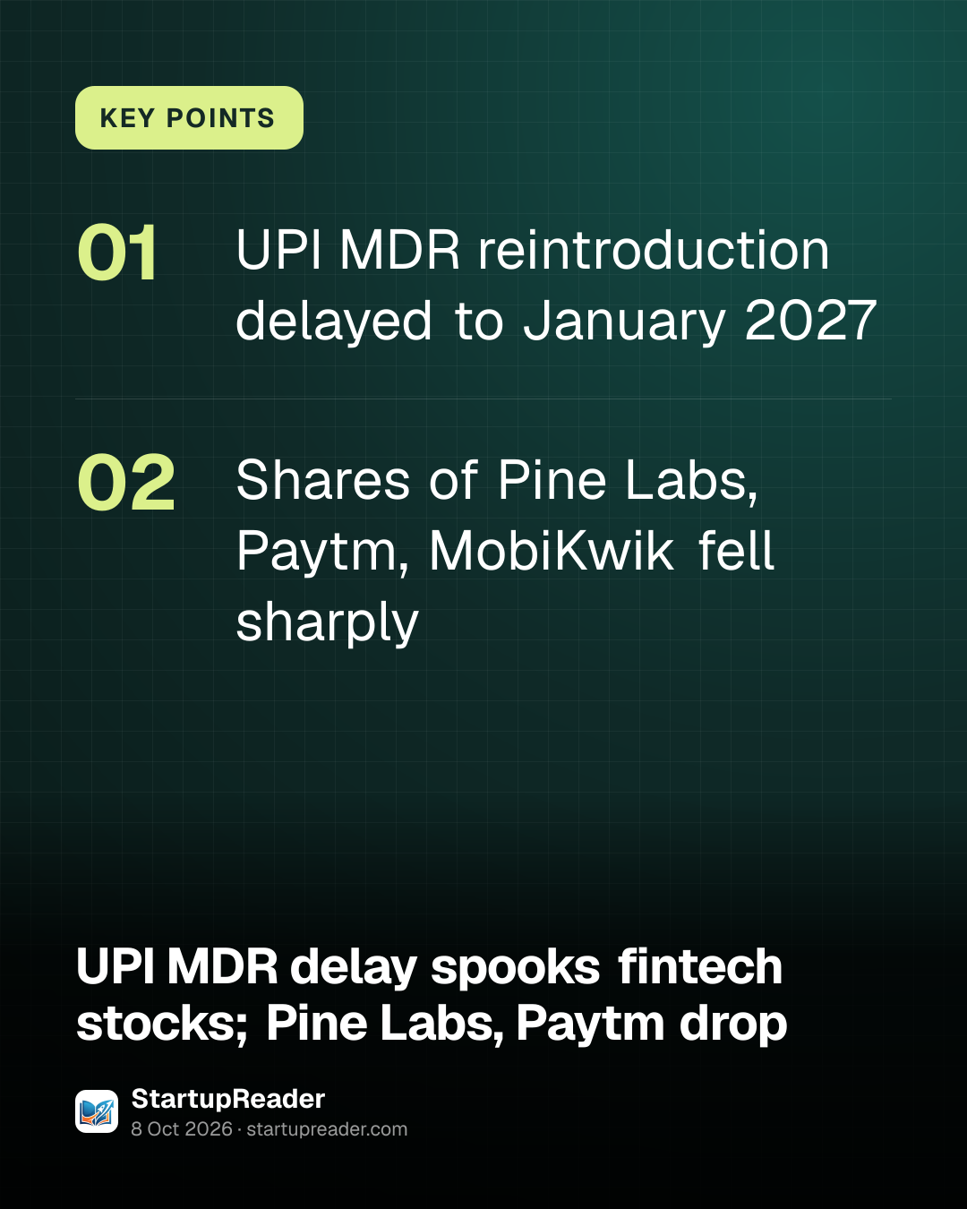 KEY POINTS. UPI MDR reintroduction delayed to January 2027; Shares of Pine Labs, Paytm, MobiKwik fell sharply.