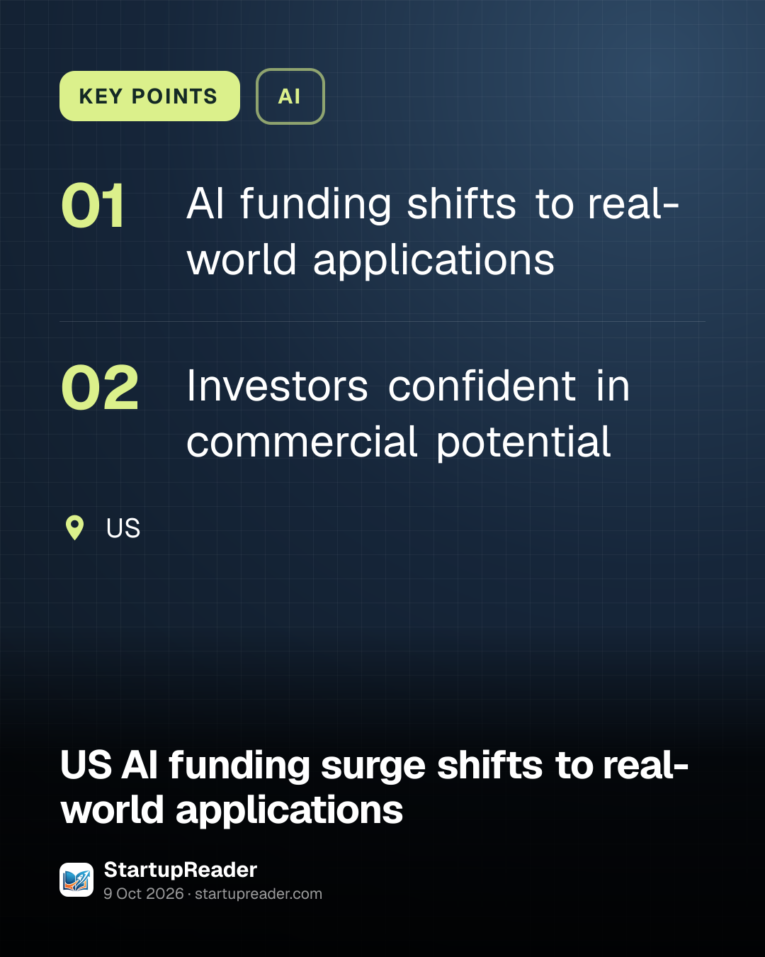 KEY POINTS. AI funding shifts to real-world applications; Investors confident in commercial potential. US.