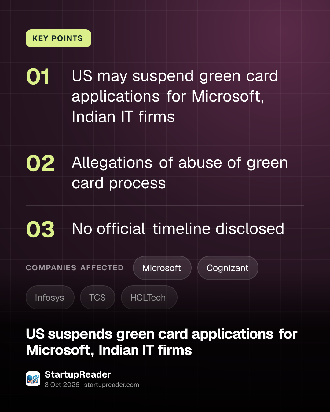 KEY POINTS. US may suspend green card applications for Microsoft, Indian IT firms; Allegations of abuse of green card process; No official timeline disclosed. companies affected: Microsoft, Cognizant, Infosys, TCS, HCLTech.