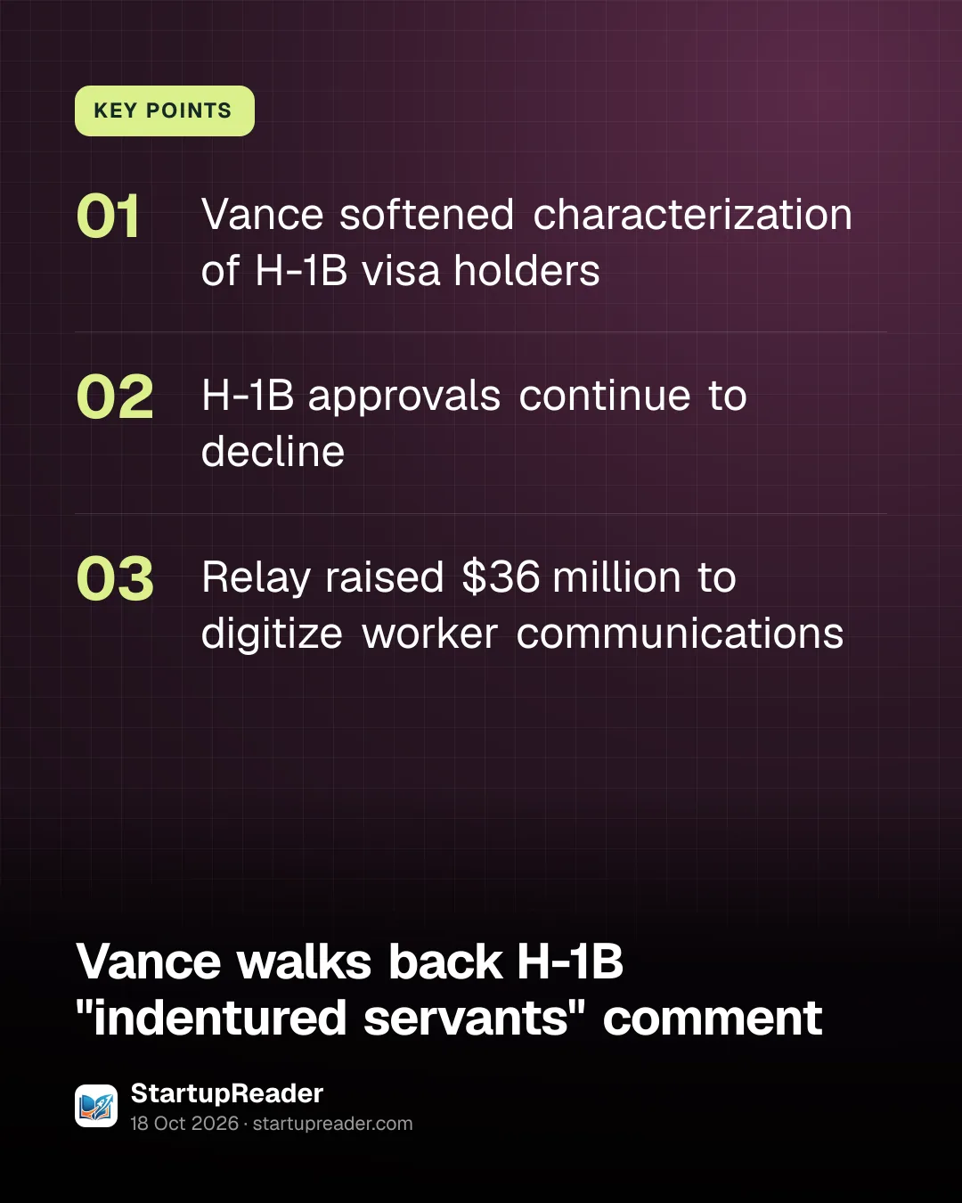 KEY POINTS. Vance softened characterization of H-1B visa holders; H-1B approvals continue to decline; Relay raised $36 million to digitize worker communications.