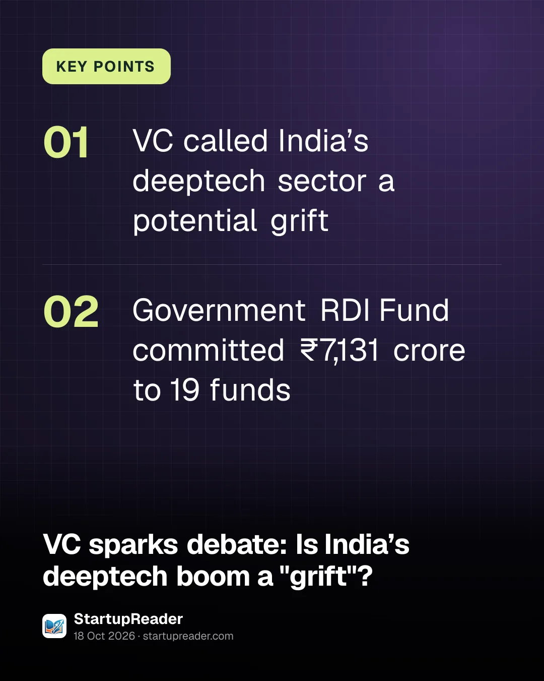 KEY POINTS. VC called India’s deeptech sector a potential grift; Government RDI Fund committed ₹7,131 crore to 19 funds.