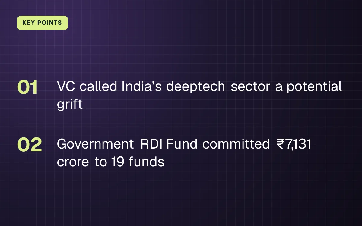 KEY POINTS. VC called India’s deeptech sector a potential grift; Government RDI Fund committed ₹7,131 crore to 19 funds.