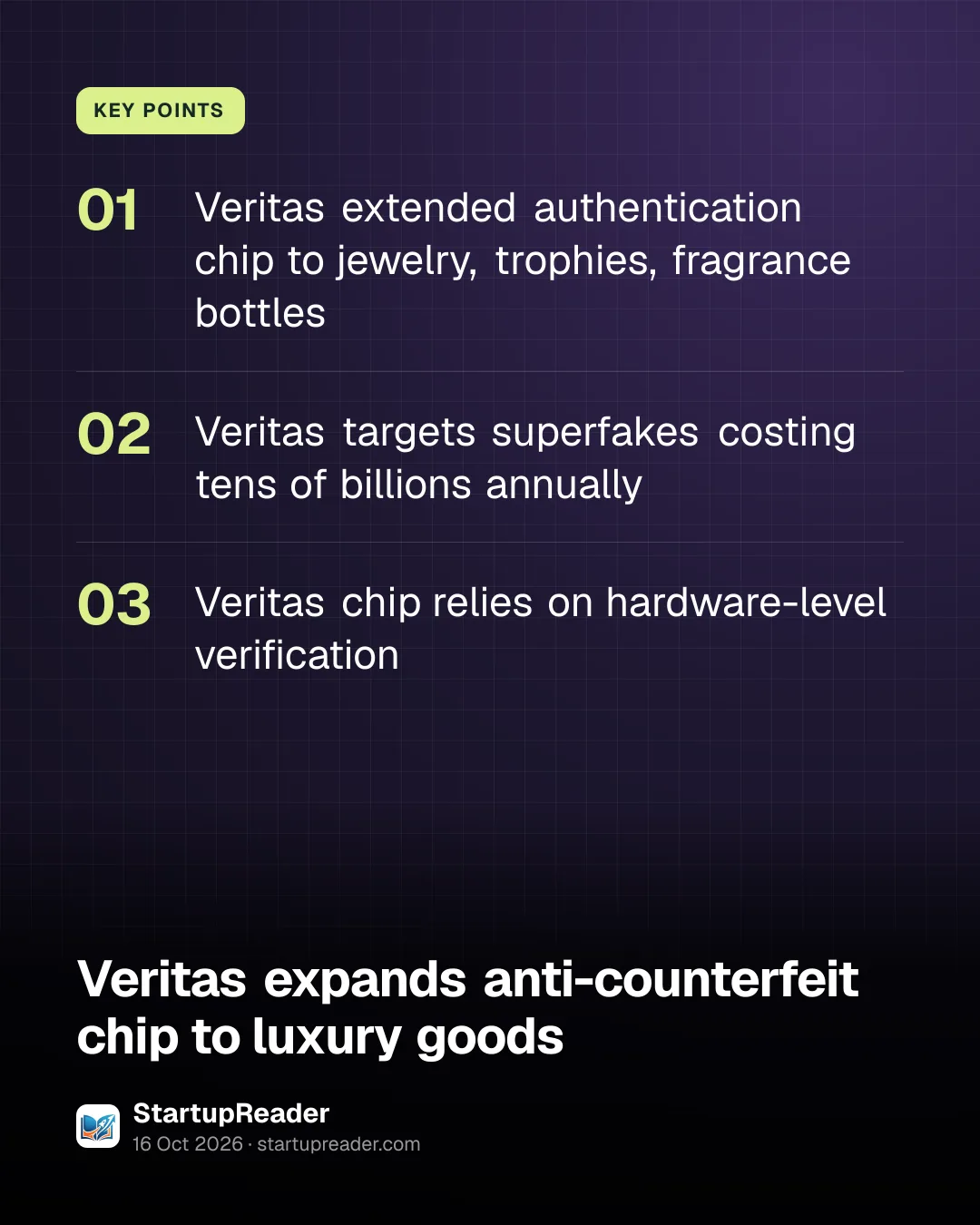 KEY POINTS. Veritas extended authentication chip to jewelry, trophies, fragrance bottles; Veritas targets superfakes costing tens of billions annually; Veritas chip relies on hardware-level verification.