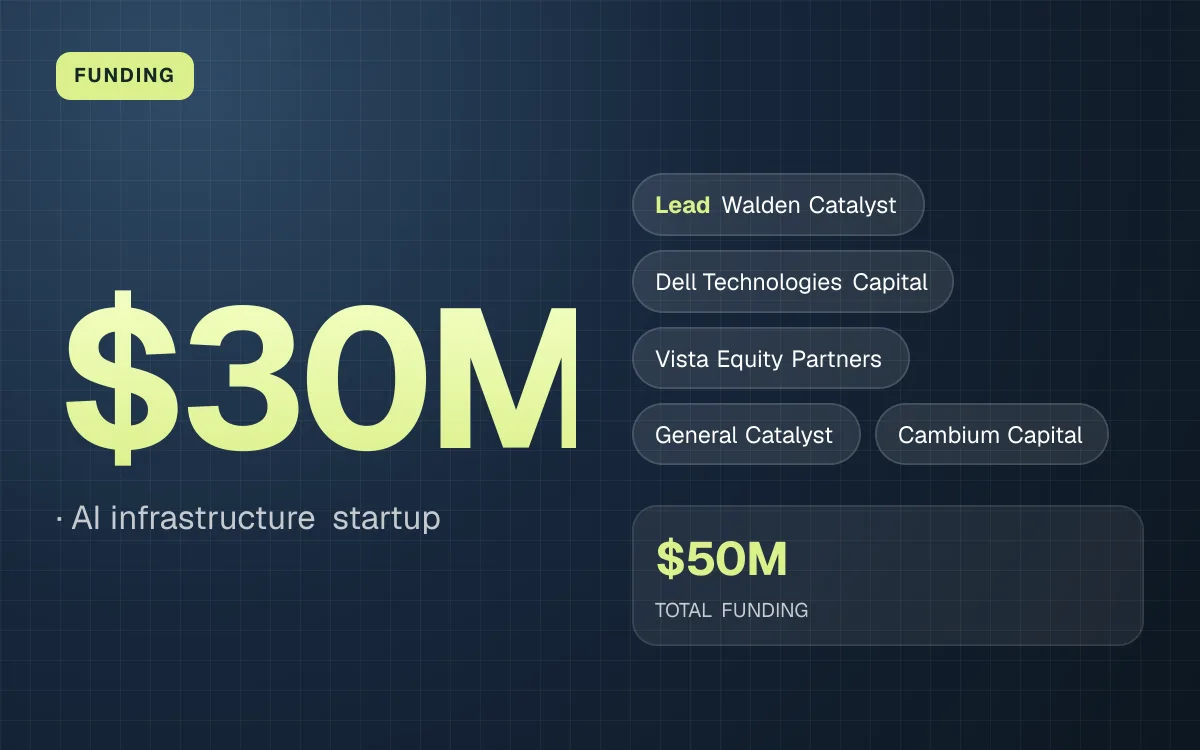 FUNDING. $30M, AI infrastructure startup. led by Walden Catalyst, Dell Technologies Capital, Vista Equity Partners, General Catalyst, Cambium Capital. $50M TOTAL FUNDING.