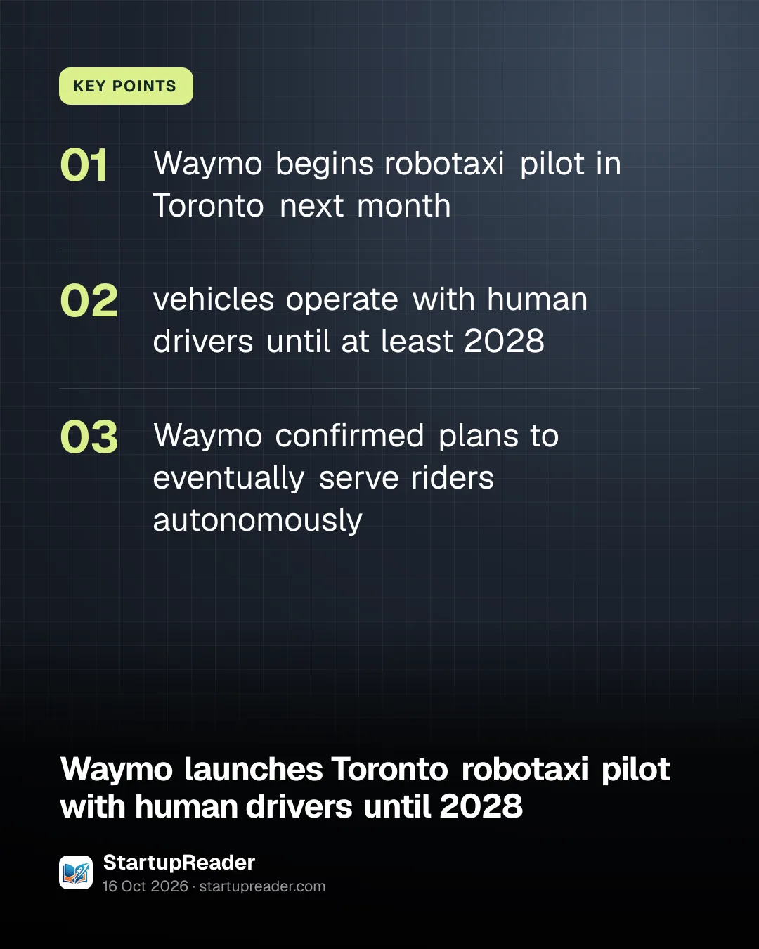 KEY POINTS. Waymo begins robotaxi pilot in Toronto next month; vehicles operate with human drivers until at least 2028; Waymo confirmed plans to eventually serve riders autonomously.