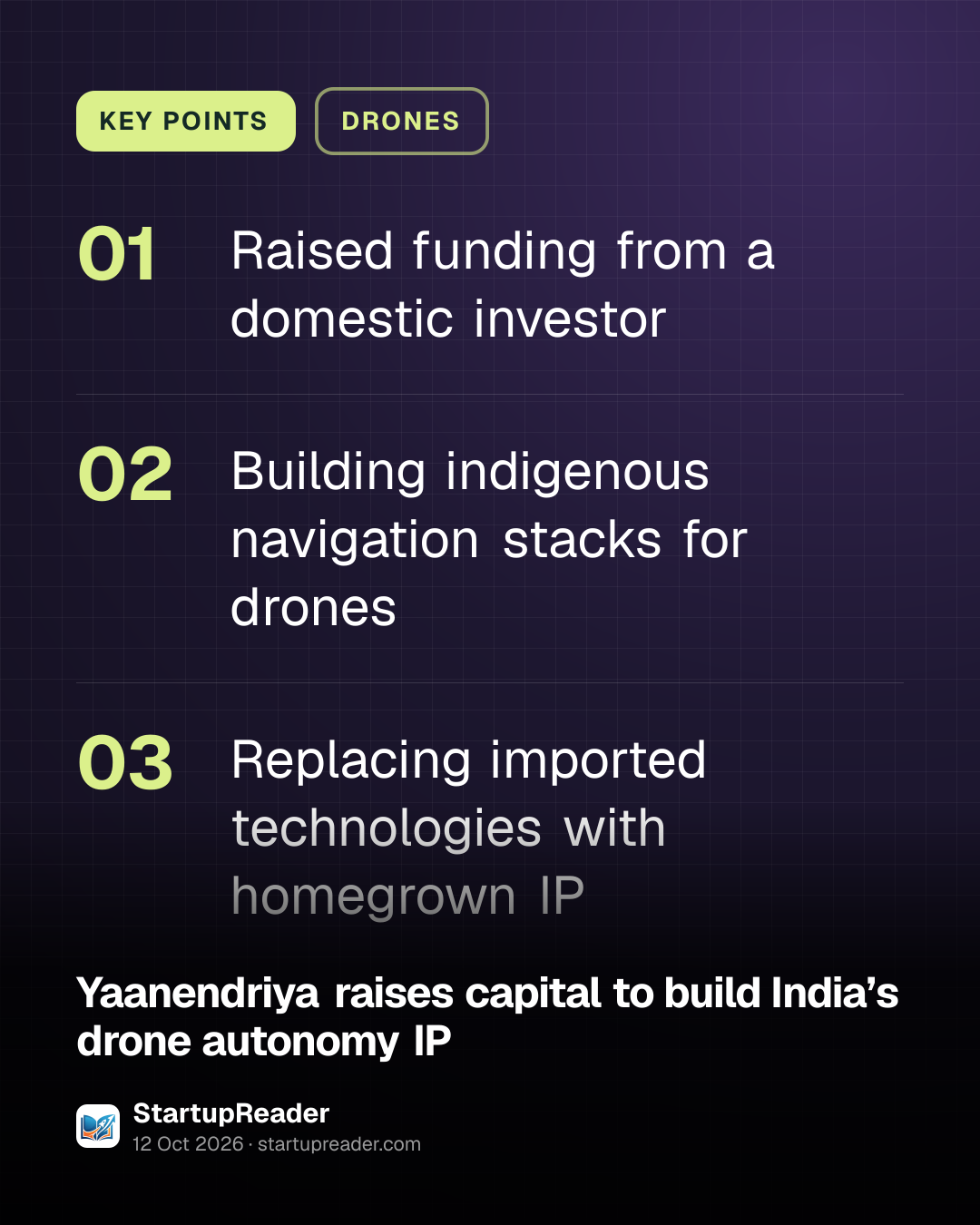 KEY POINTS. Raised funding from a domestic investor; Building indigenous navigation stacks for drones; Replacing imported technologies with homegrown IP.