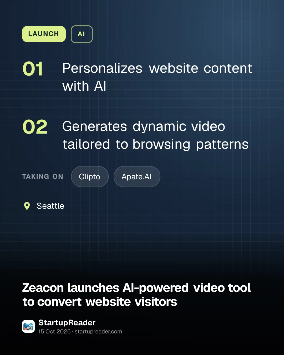 LAUNCH. Personalizes website content with AI; Generates dynamic video tailored to browsing patterns. taking on: Clipto, Apate.AI. Seattle.