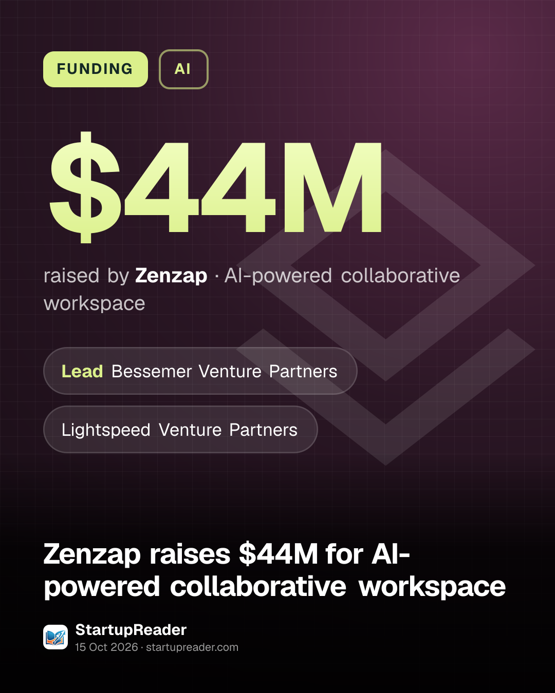 FUNDING. $44M raised by Zenzap, AI-powered collaborative workspace. led by Bessemer Venture Partners, Lightspeed Venture Partners.