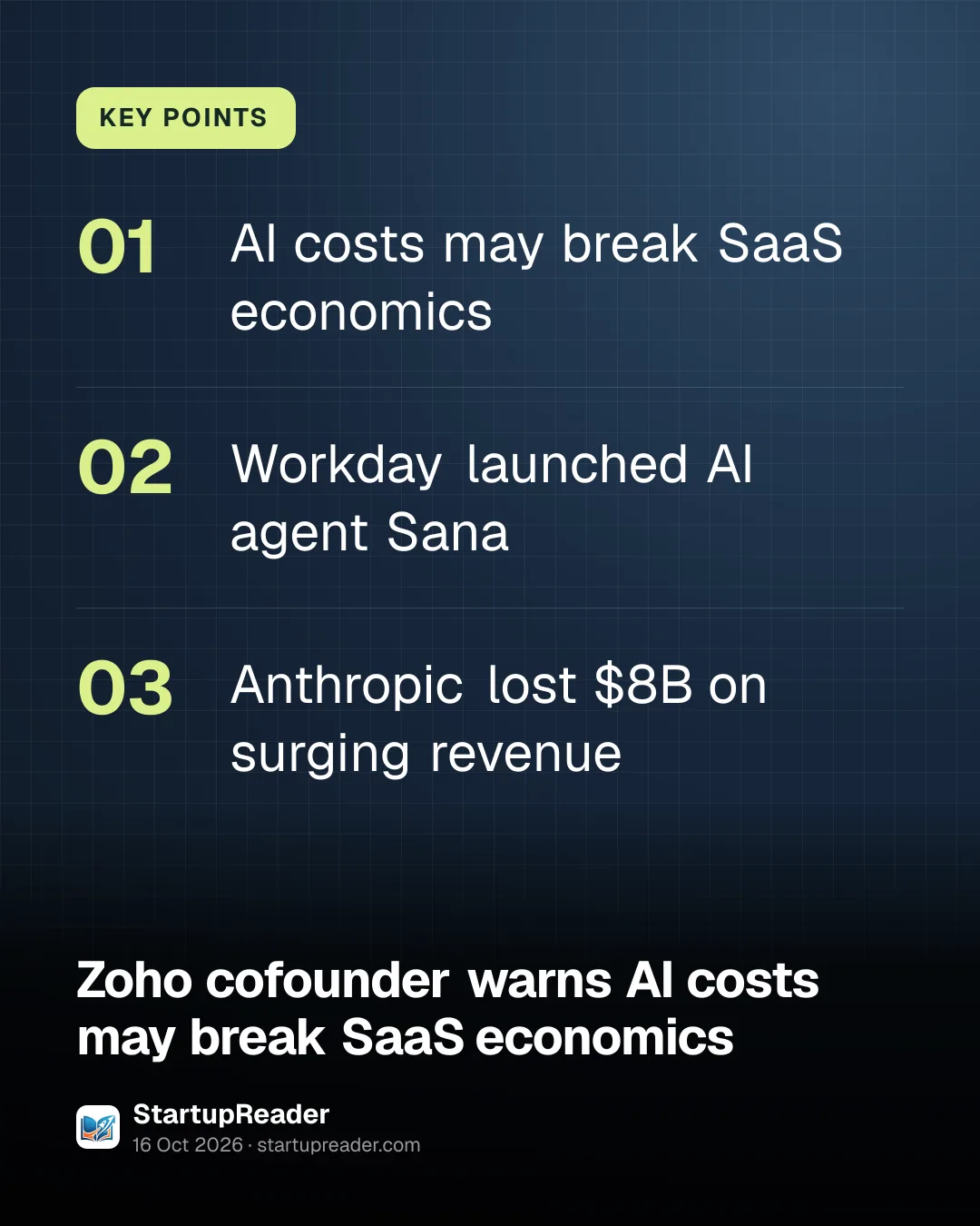 KEY POINTS. AI costs may break SaaS economics; Workday launched AI agent Sana; Anthropic lost $8B on surging revenue.